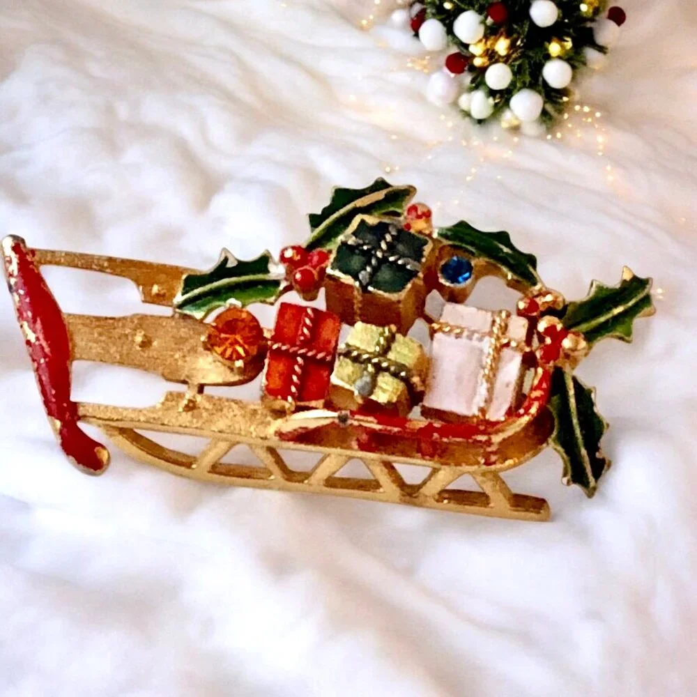 Weiss Christmas Sled Brooch Pin Rhinestones Enamel Gifts GoldTone Vintage Signed